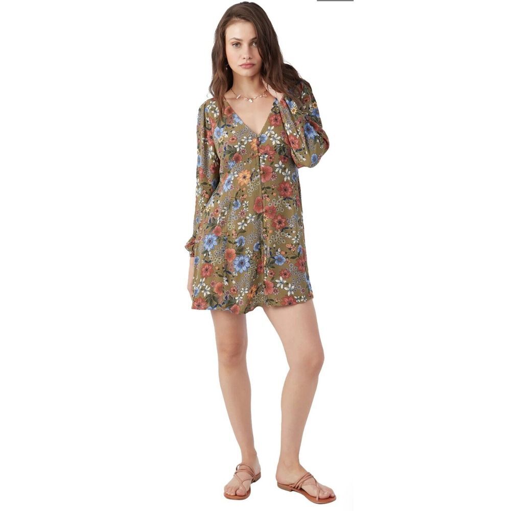 O'Neill Women's woven long sleeve Floral mini dress Front‎ button Size L